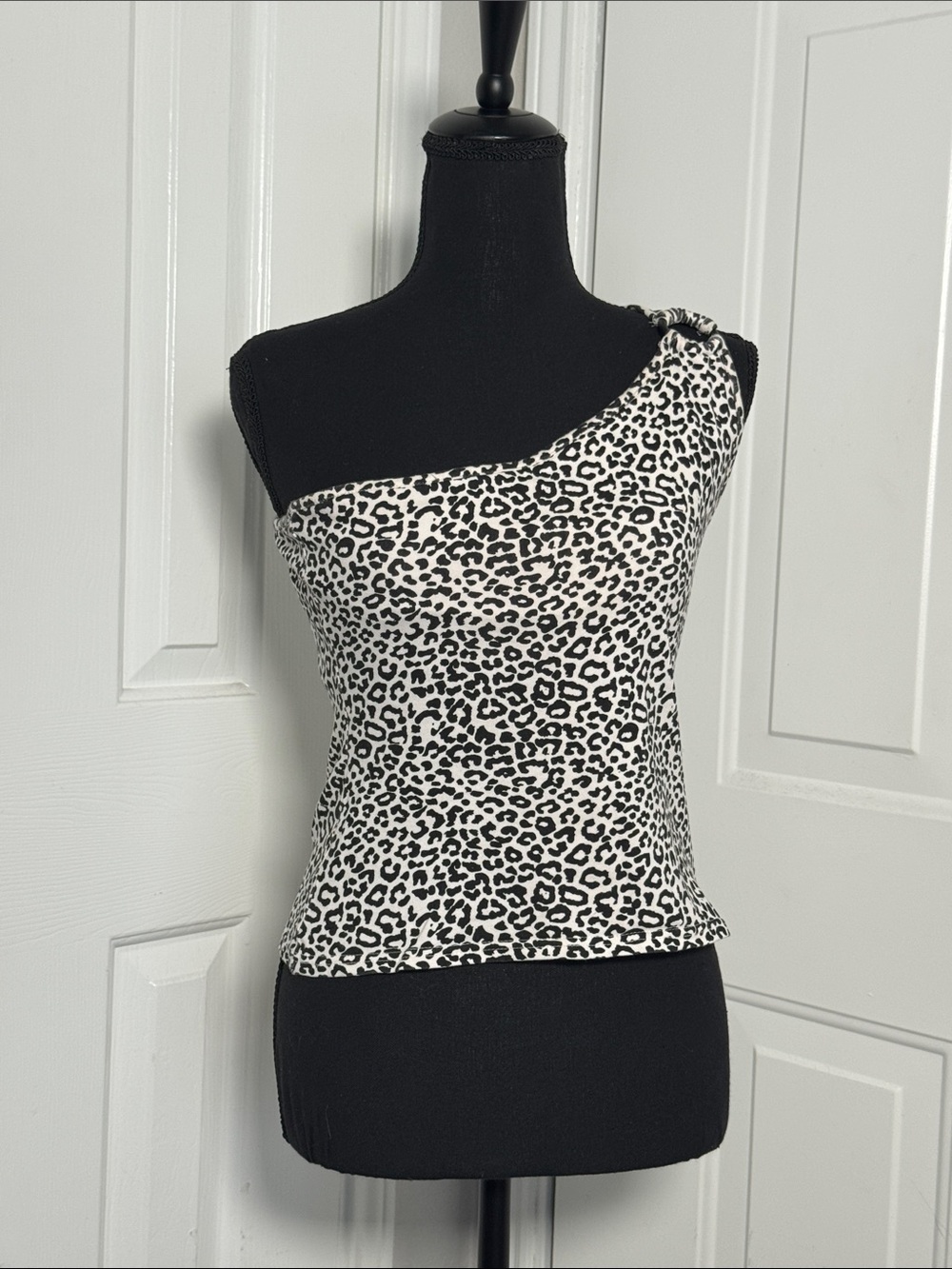 Energie Black and White Leopard Print One-Shoulder Top